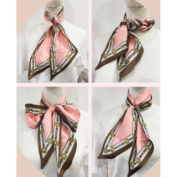 Women's Pink Brown Chain Fashion Oblique Angle Silk Neck Scarf Printed Scarves - Picture 6 of 7